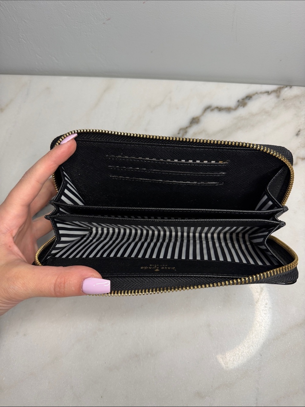 kate spade Black Leather Zip-Around Wristlet Wallet with Gold Logo - Picture 3 of 5